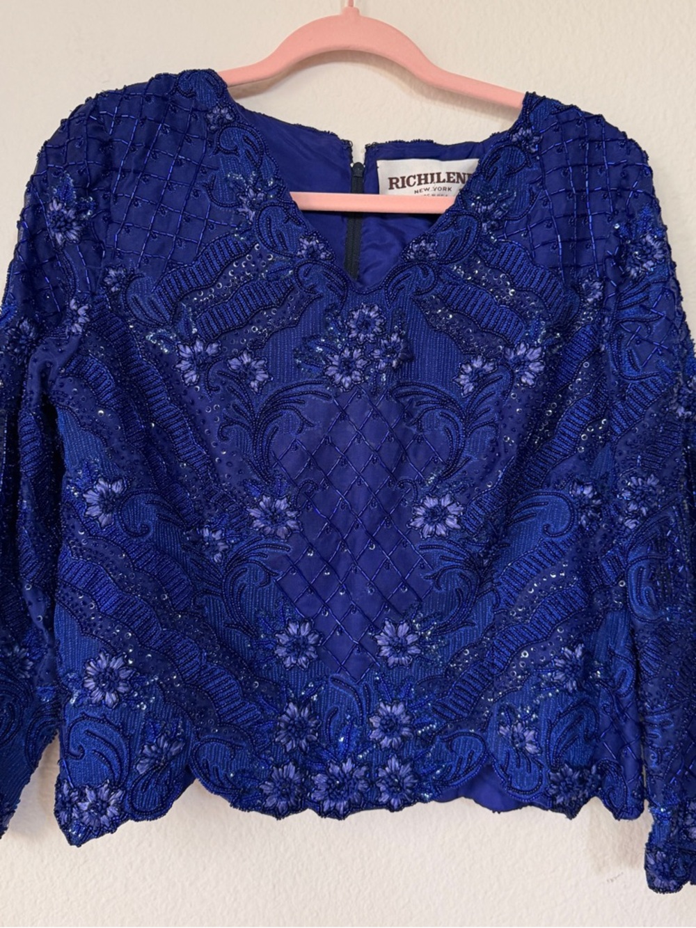 Vintage RICHILENE New York Beaded Lace Top Royal Blue Silk Embellished Blouse‎